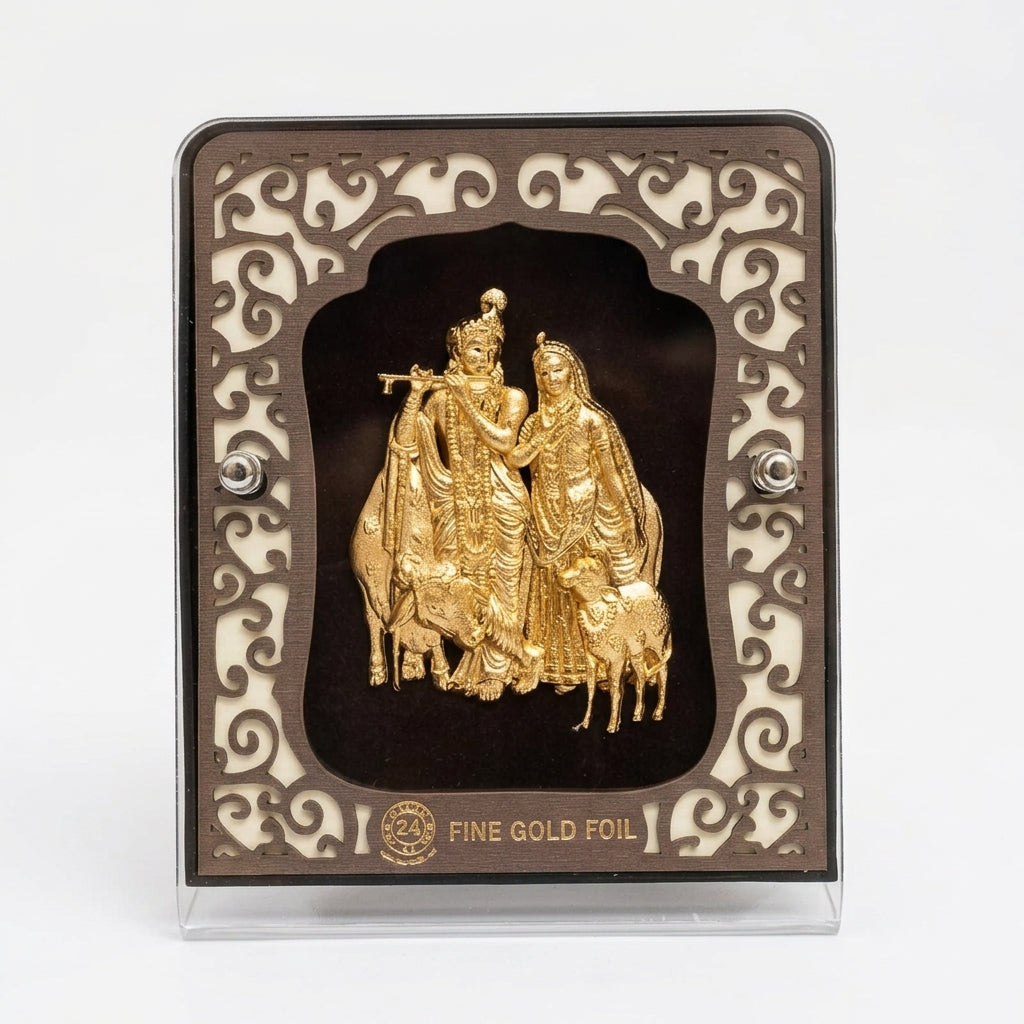 Radha Krishna with Cow Table Top Carving 24K Gold Aarya Idol