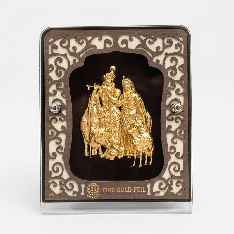 Radha Krishna with Cow Table Top Carving 24K Gold Aarya Idol