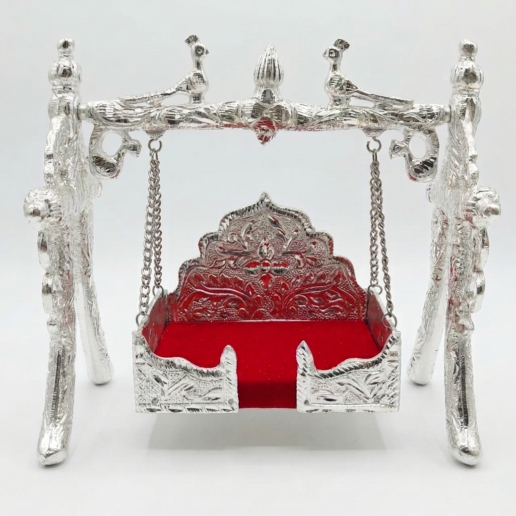 Jhula for Ladoo Gopal - White Metal Swing -  Laddu Gopal Size - ( 0 to 6)