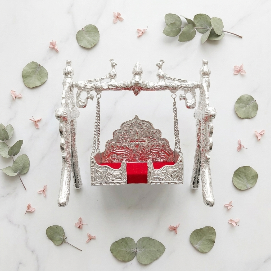 Jhula for Ladoo Gopal - White Metal Swing -  Laddu Gopal Size - ( 0 to 6)