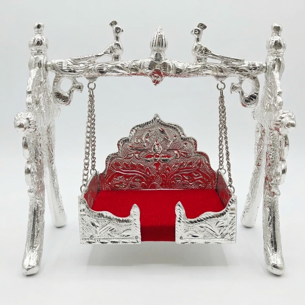 Jhula for Ladoo Gopal - White Metal Swing -  Laddu Gopal Size - ( 0 to 4 )
