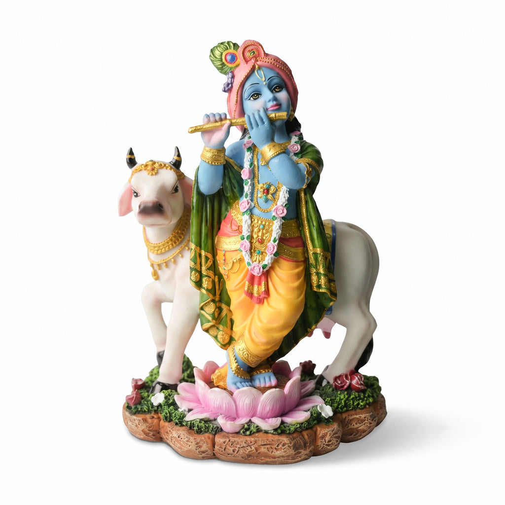 Krishna Standing Basuri Cow Polyfiber (9.75 X 6.50 X 4.75)