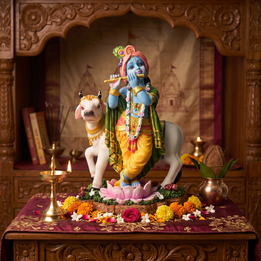Krishna Standing Basuri Cow Polyfiber (9.75 X 6.50 X 4.75)