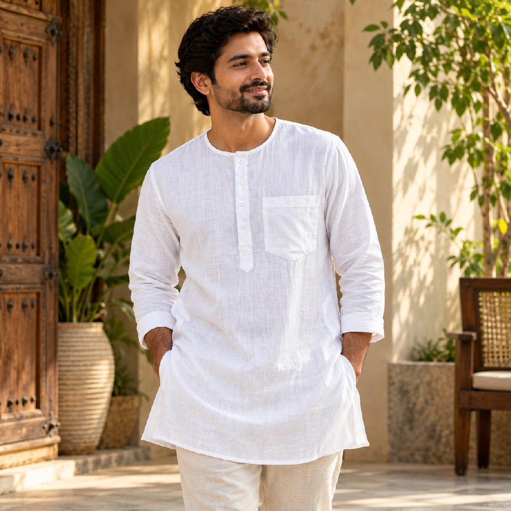 White Cotton Kurta Full Sleeve ( 36/S )