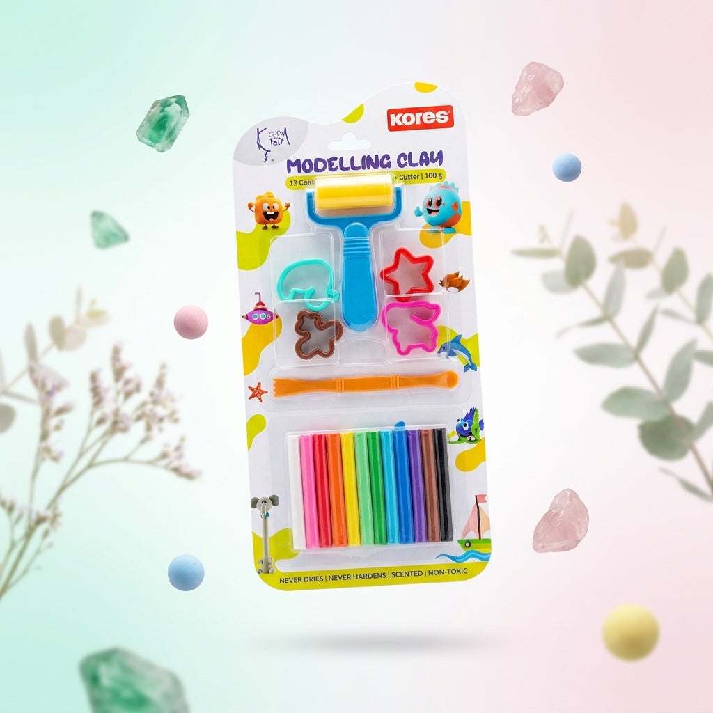 Clay Modeling Kit - 12 Vibrant Colors with 4 Moulds & 1 Belan