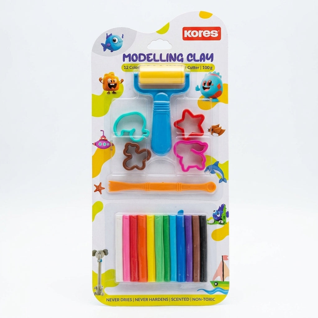 Clay Modeling Kit - 12 Vibrant Colors with 4 Moulds & 1 Belan