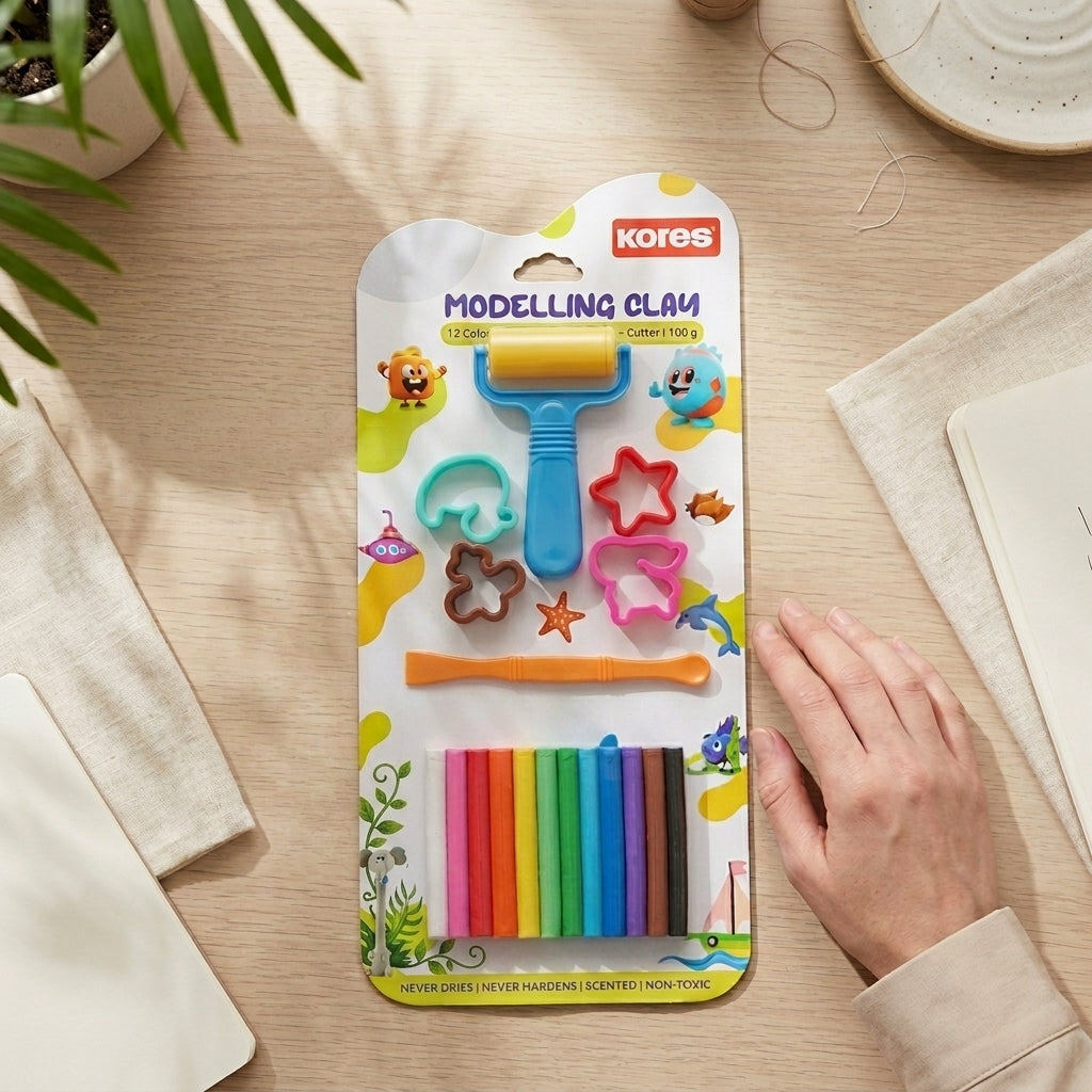 Clay Modeling Kit - 12 Vibrant Colors with 4 Moulds & 1 Belan