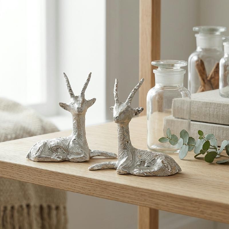 White Metal Sitting Deer Pair